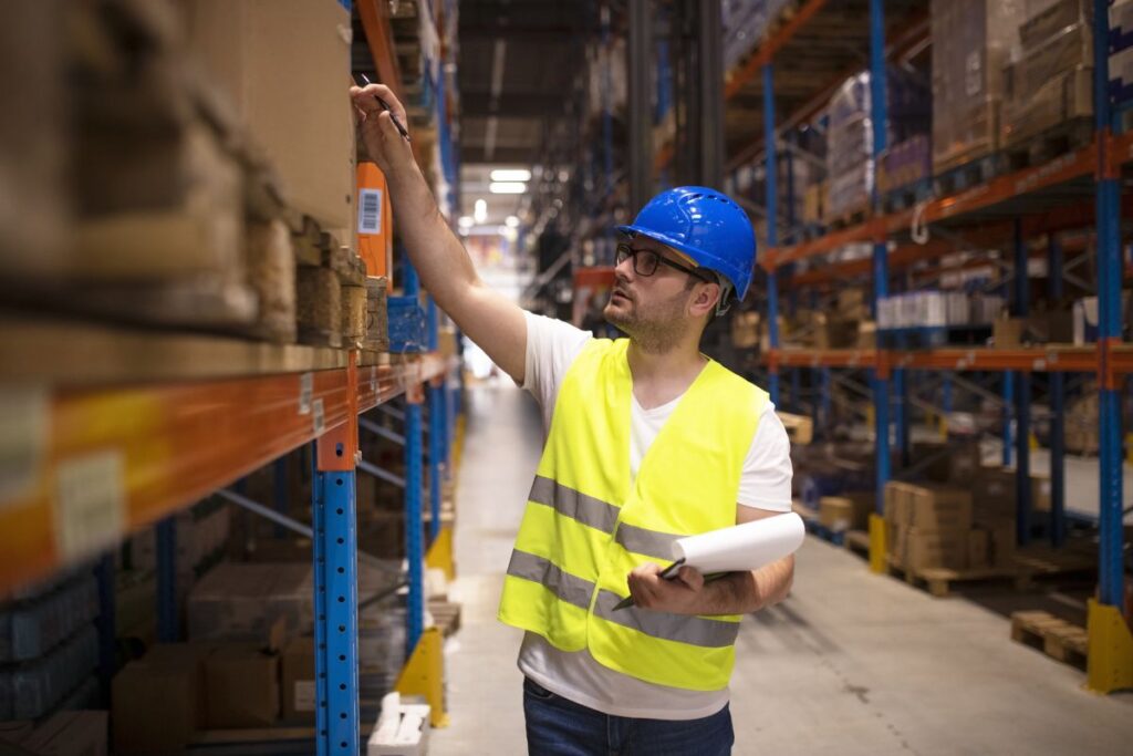 A warehouse staff, leased through NordStaff, inspects goods in the warehouse, ensuring accurate accounting and storage organisation